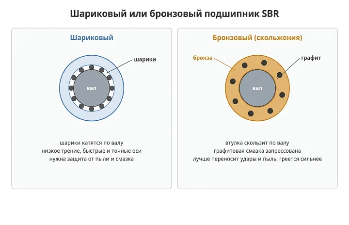 Сравнение шарикового и бронзового линейного подшипника SBR: шарики и бронзовая втулка с графитом