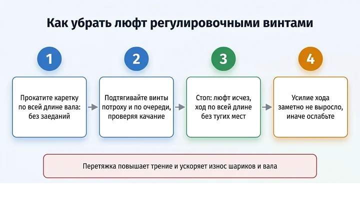 Регулировка люфта подшипника SBR регулировочными винтами в 4 шага