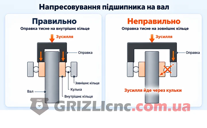 Напресовування через внутрішнє кільце Напресовування підшипника на вал шпинделя оправкою через внутрішнє кільце