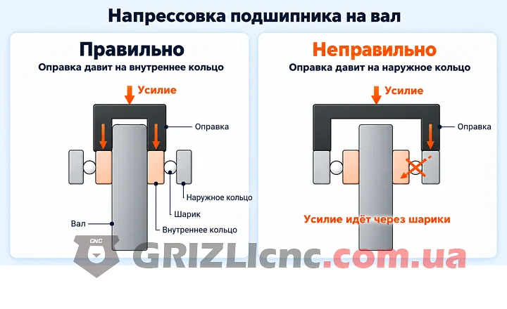 Напрессовка подшипника на вал шпинделя оправкой через внутреннее кольцо
