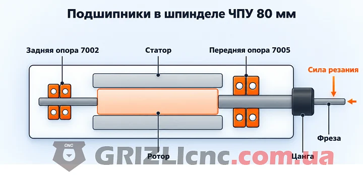 Расположение подшипников в шпинделе: передняя пара у цанги и задняя пара у заднего торца вала