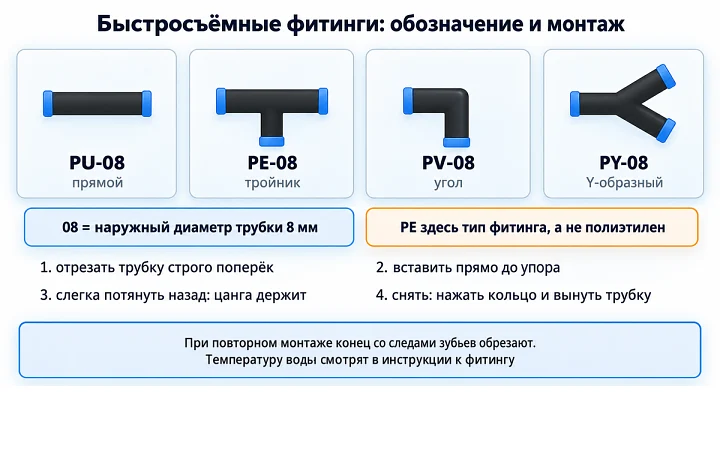 Обозначения быстросъёмных фитингов PU, PE, PV, PY и монтаж трубки