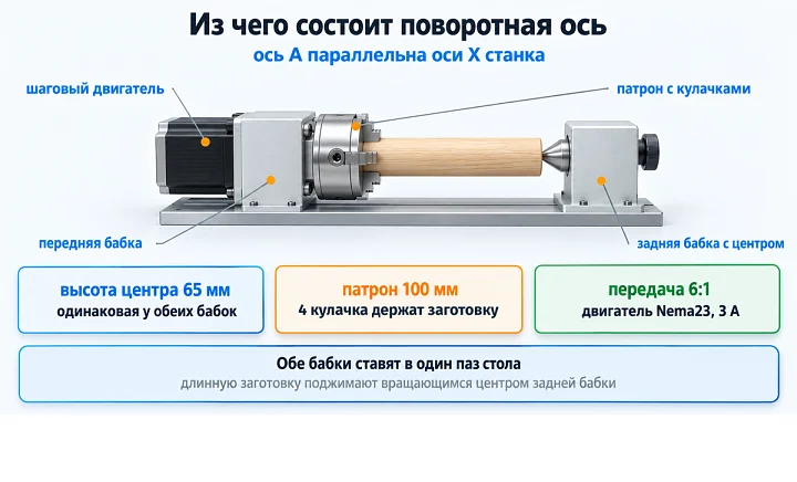 Из чего состоит поворотная ось: ось A параллельна оси X станка
