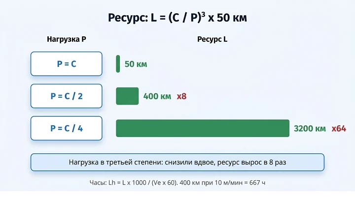 Ресурс линейной направляющей по формуле L = (C / P)³ x 50 км: 50 км при P = C, 400 км при P = C / 2, 3200 км при P = C / 4 Ресурс линейной направляющей по формуле L = (C / P)³ x 50 км: 50 км при P = C, 400 км при P = C / 2, 3200 км при P = C / 4