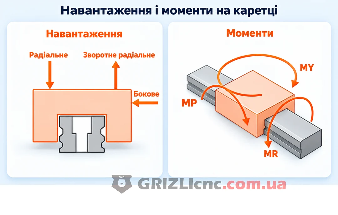Напрями навантаження і моменти MR, MP, MY на каретці на рейці