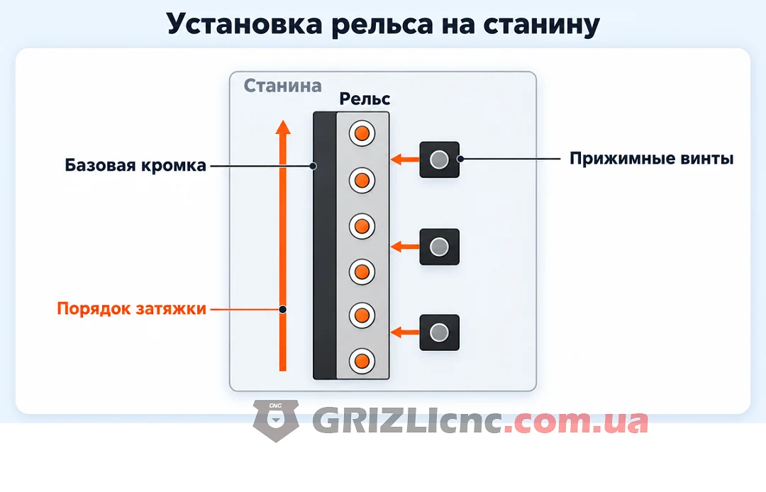 Установка рельса: базовая кромка станины, прижимные винты и порядок затяжки болтов