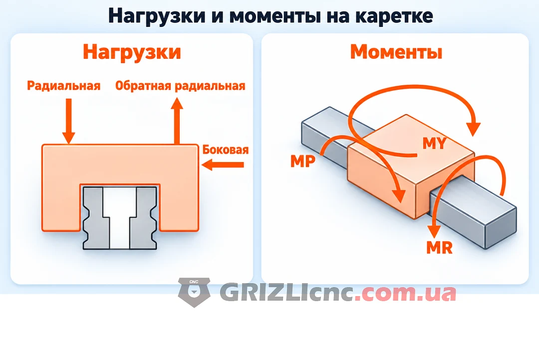 Направления нагрузки и моменты MR, MP, MY на каретке на рельсе
