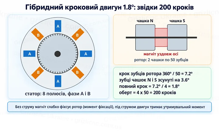 Будова гібридного крокового двигуна 1.8°: статор 8 полюсів, ротор 50 зубців