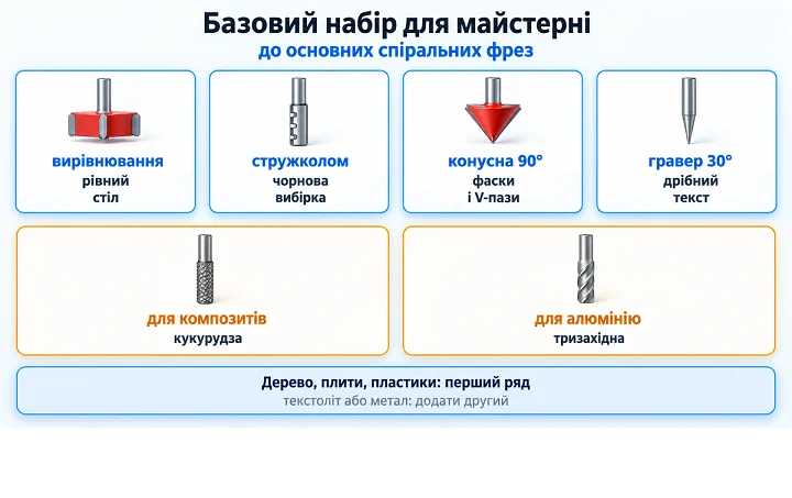 Базовий набір для майстерні: до основних спіральних фрез Базовий набір для майстерні: до основних спіральних фрез