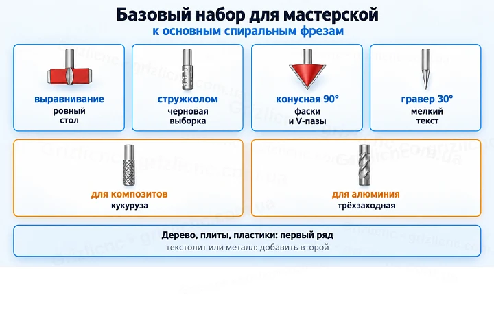 Базовый набор для мастерской: к основным спиральным фрезам Базовый набор для мастерской: к основным спиральным фрезам