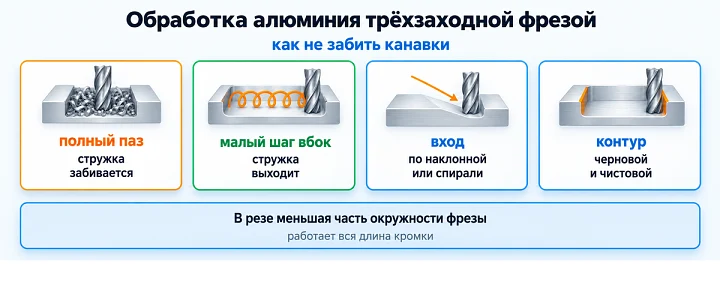 Обработка алюминия трёхзаходной фрезой: как не забить канавки Обработка алюминия трёхзаходной фрезой: как не забить канавки