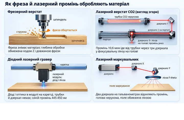 Схема роботи фрези, лазера CO2, діодного лазера й лазерного маркувальника Схема роботи фрези, лазера CO2, діодного лазера й лазерного маркувальника