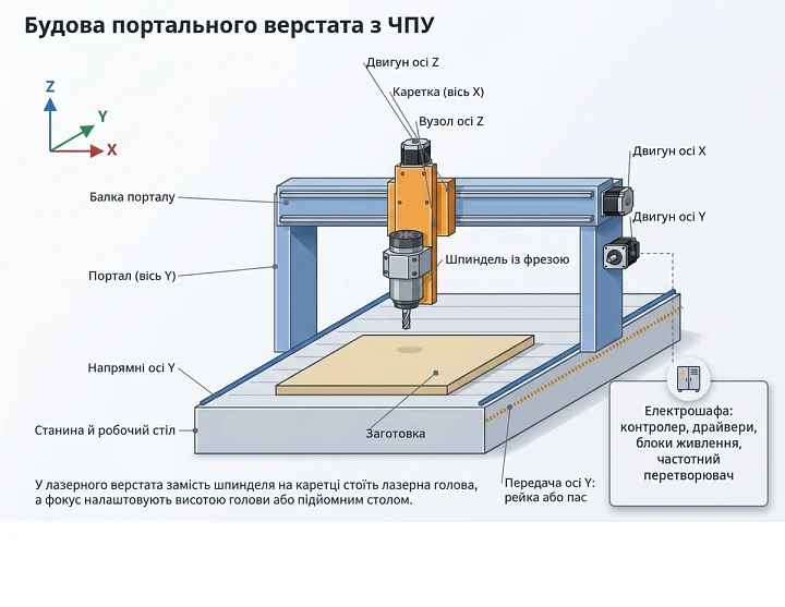 Схема будови портального верстата з ЧПУ: станина, портал, каретка, вісь Z, шпиндель, напрямні, приводи й електрошафа Схема будови портального верстата з ЧПУ: станина, портал, каретка, вісь Z, шпиндель, напрямні, приводи й електрошафа