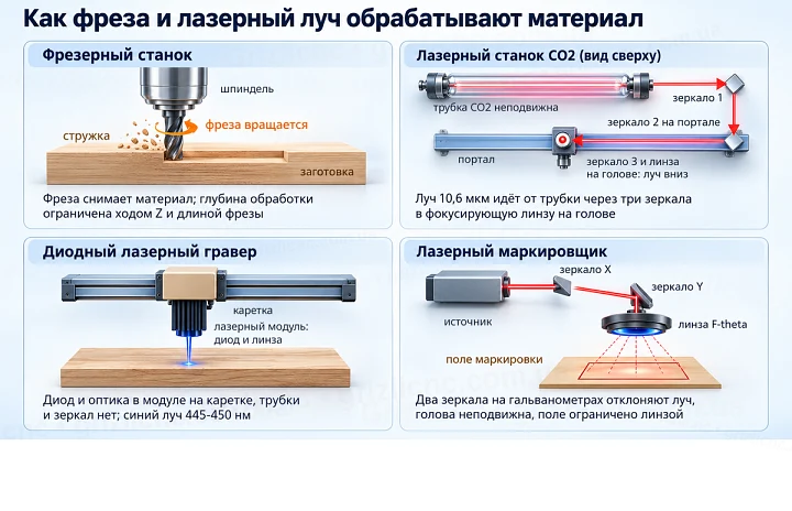 Схема работы фрезы, лазера CO2, диодного лазера и лазерного маркировщика