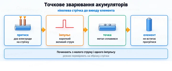 Точкове зварювання акумуляторів: нікелева стрічка до виводу елемента