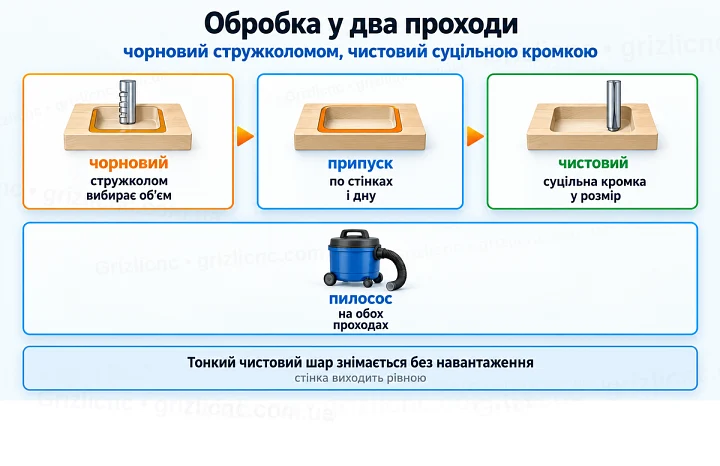 Обробка у два проходи: чорновий стружколомом, чистовий суцільною кромкою Обробка у два проходи: чорновий стружколомом, чистовий суцільною кромкою