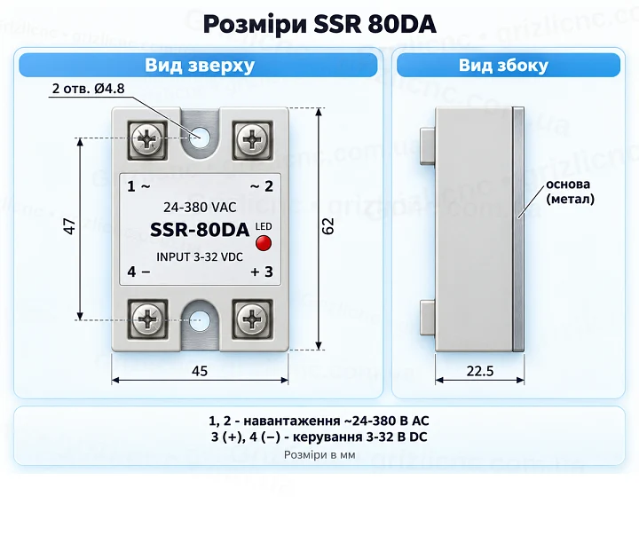 Розміри твердотільного реле SSR-80DA Розміри твердотільного реле SSR-80DA