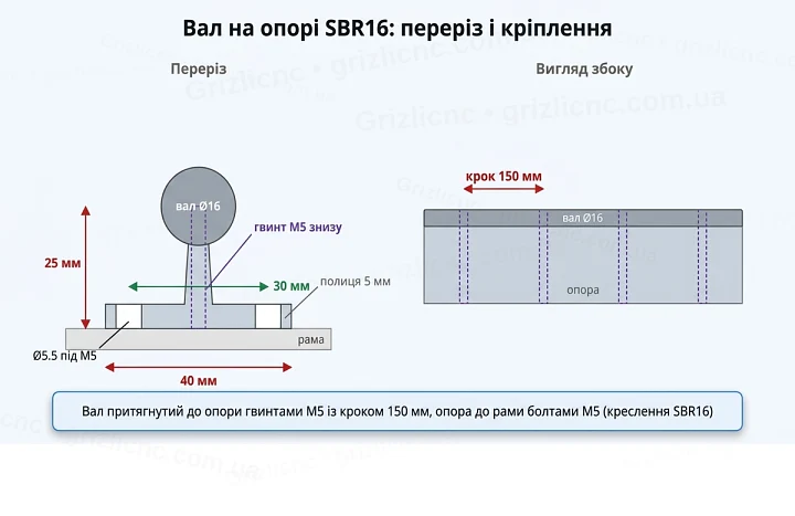 Переріз вала на опорі SBR16: висота осі 25 мм, ширина опори 40 мм, отвори Ø5.5 мм, гвинти M5 із кроком 150 мм