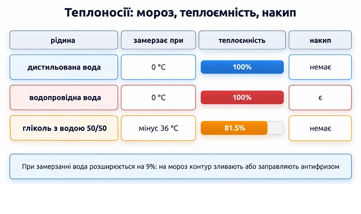 Теплоносії: мороз, теплоємність, накип